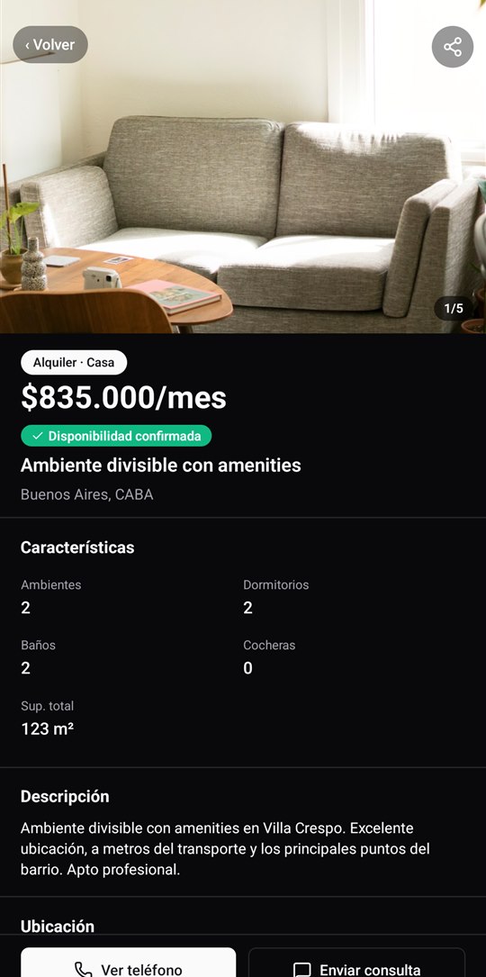 Ficha de una casa en alquiler en Reel Estate: precio $835.000 por mes, badge de disponibilidad confirmada, grilla de ambientes, baños, cocheras y metros cuadrados, y botones para ver teléfono o enviar consulta.