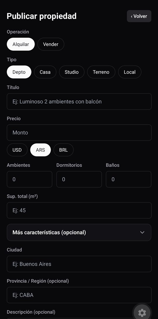 Formulario de publicación de Reel Estate: operación, tipo de propiedad, título, precio en pesos o dólares, ambientes, dormitorios y baños — listo para publicar un aviso en minutos.